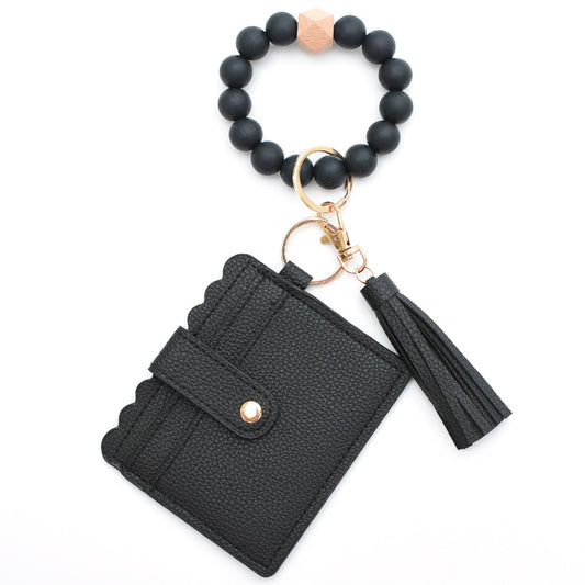 Colorful Silicone Bead Bracelet Card Holder PU Tassel Women's Wallet Keychain Silicone Beaded Bracelet - American Smart