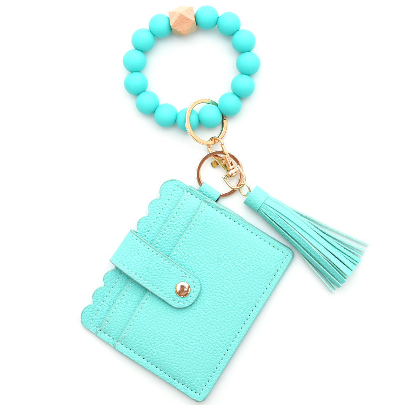Colorful Silicone Bead Bracelet Card Holder PU Tassel Women's Wallet Keychain Silicone Beaded Bracelet - American Smart