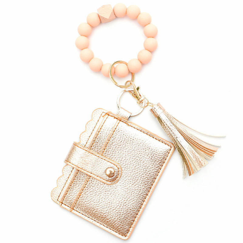 Colorful Silicone Bead Bracelet Card Holder PU Tassel Women's Wallet Keychain Silicone Beaded Bracelet - American Smart