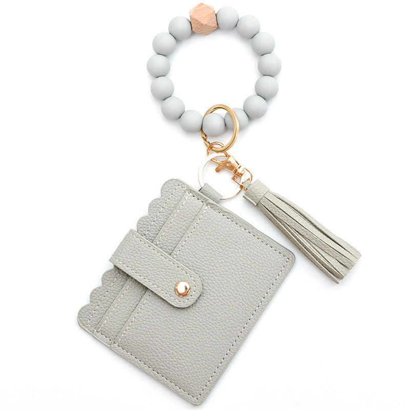 Colorful Silicone Bead Bracelet Card Holder PU Tassel Women's Wallet Keychain Silicone Beaded Bracelet - American Smart
