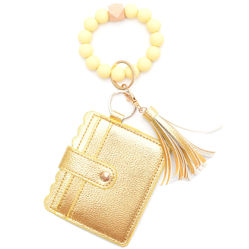 Colorful Silicone Bead Bracelet Card Holder PU Tassel Women's Wallet Keychain Silicone Beaded Bracelet - American Smart