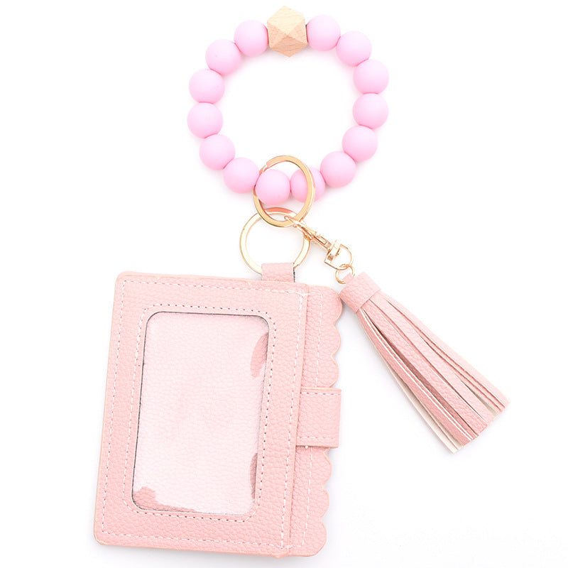 Colorful Silicone Bead Bracelet Card Holder PU Tassel Women's Wallet Keychain Silicone Beaded Bracelet - American Smart