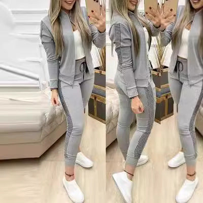 Autumn and Winter New Long Style Sports and Leisure Zipper Splicing Grid Set for Women's Clothing - American Smart