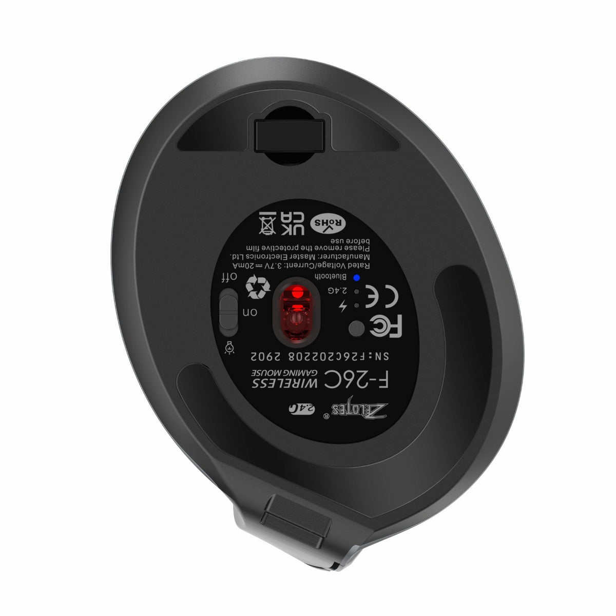 eprolo ZELOTES Master F-26C display of Bluetooth wireless dual-mode grip hand mouse, showcasing vertical ergonomic design