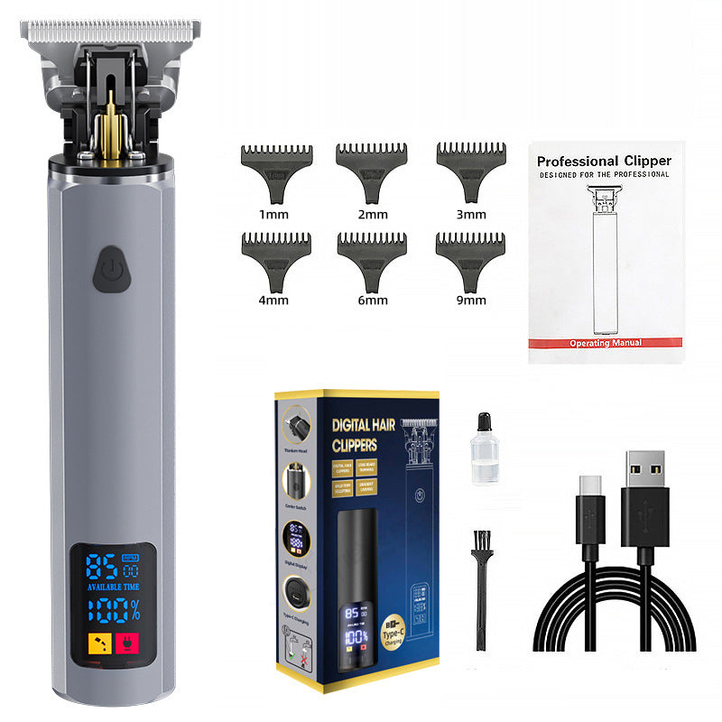 Electric eprolo hair clipper with oil, cutting head, and carving blade for bald head grooming and hair trimming.
