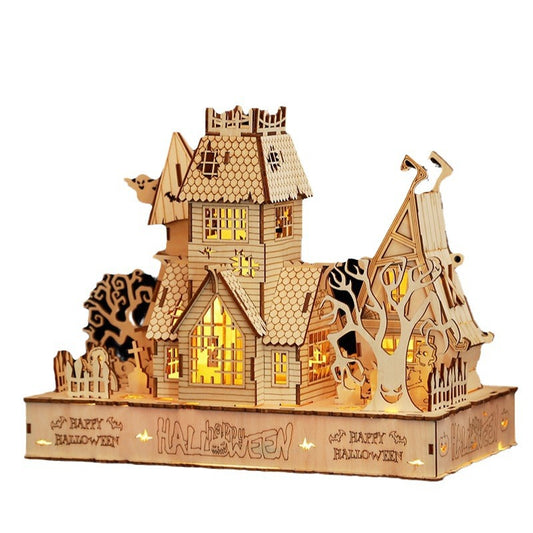 Houses Halloween LED light 3D wooden jigsaw puzzle by eprolo, handmade DIY gift with spooky house design and warm LED illumination.