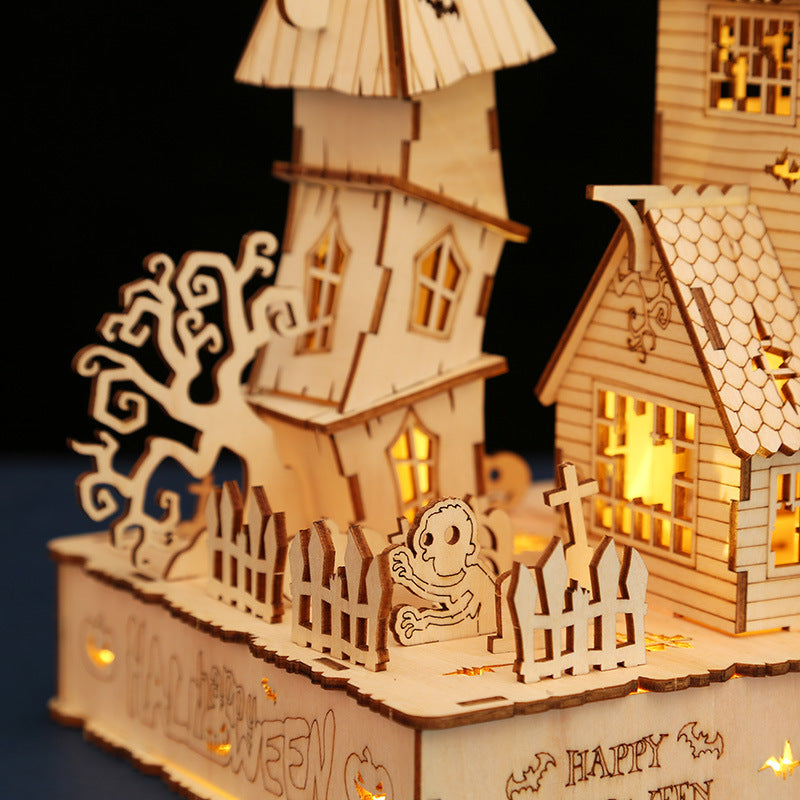 Houses Halloween LED light 3D wooden jigsaw puzzle by eprolo, featuring a handmade spooky house with glowing LED lights.