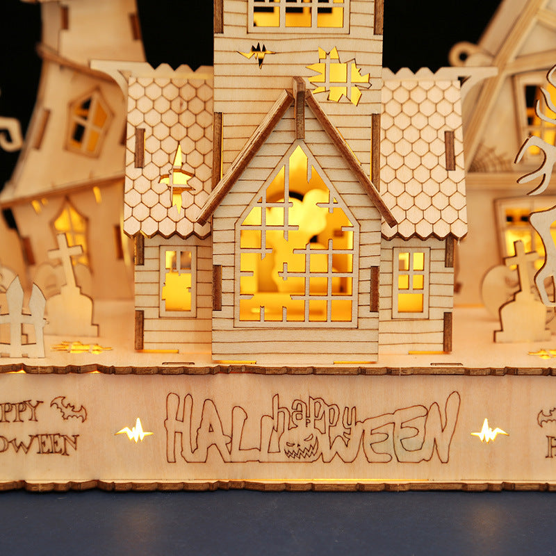 Houses Halloween LED light 3D wooden jigsaw puzzle toy by eprolo, handmade DIY gift with spooky house design and glowing LED features.