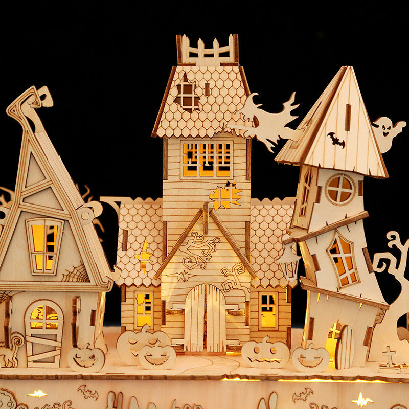 Houses Halloween LED light 3D wooden jigsaw puzzle toy, handmade DIY gift by eprolo, featuring carved wooden house design with LED illumination.