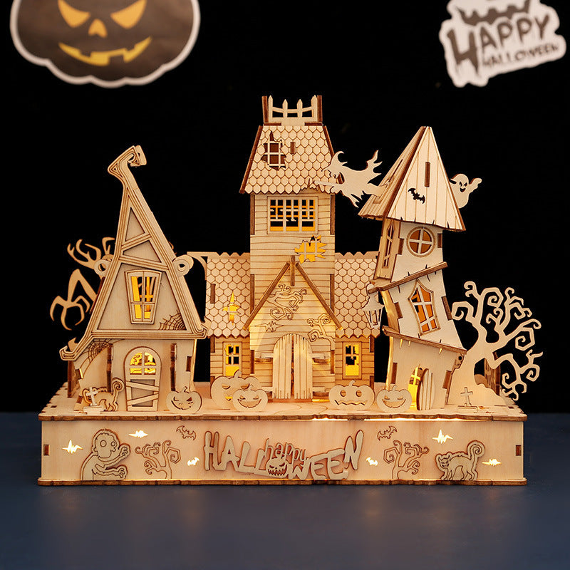 Houses Halloween LED light 3D wooden jigsaw puzzle toy, handmade DIY gift by eprolo, illuminated Halloween house model with intricate details.