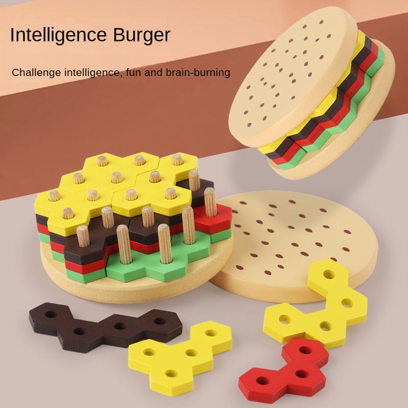 Wooden intelligent burger brain burning game by eprolo for children, promoting early education, puzzle skills, and hand-eye coordination.