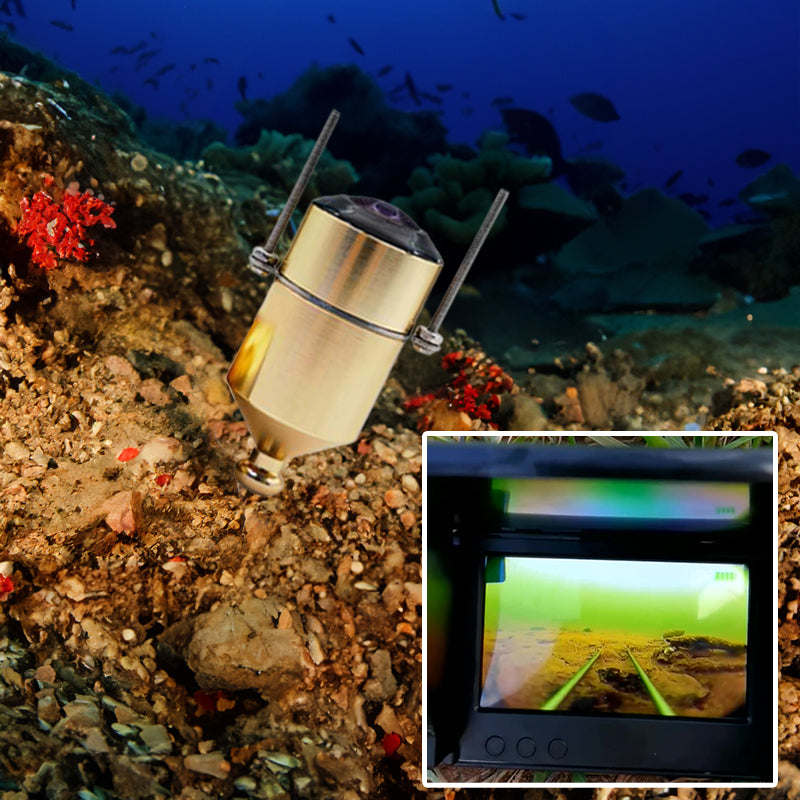 Eprolo underwater fishing camera with infrared, waterproof fish finder, displaying clear view of aquatic environment in a marine setting.
