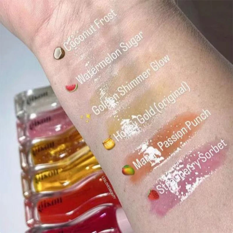 Eprolo Hydrating Lip Oil Gloss Honey Gold 6-in-1 moisturizing lip care with shiny gold finish and smooth, glossy texture.