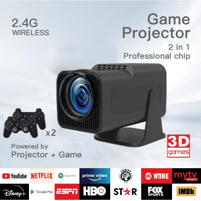 Eprolo MP3 Games 32GB F600 portable wireless projector displaying 4K full HD video on an LCD screen.
