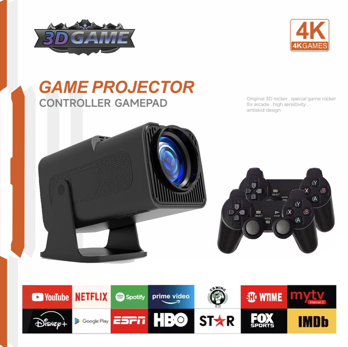 Eprolo MP3 Games 32GB F600 projector displaying 4K full HD video on a home Android LCD screen with 180-degree projection.