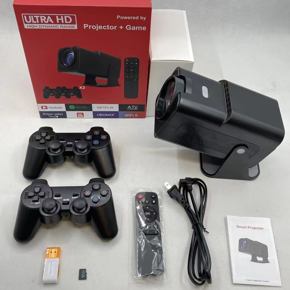 Eprolo MP3 Games 32GB F600 portable wireless projector showing 4K Full HD video and Android interface in a home setting.
