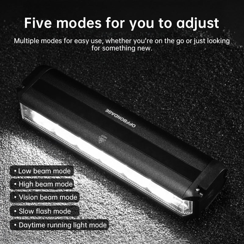 eprolo high-capacity waterproof scooter and bike light mounted on handlebars, showing bright illumination for night riding.