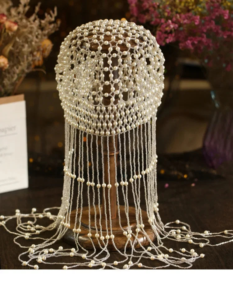 Handmade hollowed headpiece with pearl tassels, performance hat by eprolo, featuring intricate design and elegant craftsmanship.