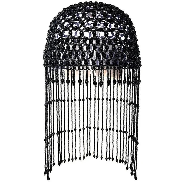 Handmade hollowed-out headpiece with pearl tassels, performance hat by eprolo, featuring intricate craftsmanship and elegant design.