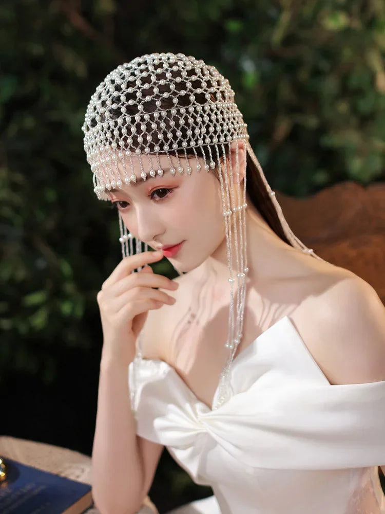 Handmade hollowed headpiece with pearl tassels, performance hat by eprolo featuring intricate design and elegant details