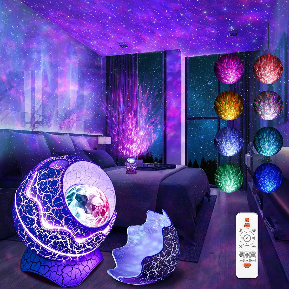 Eprolo LED dinosaur egg star sky projection light with remote, Bluetooth speaker, and night sky star projector for festive atmosphere.