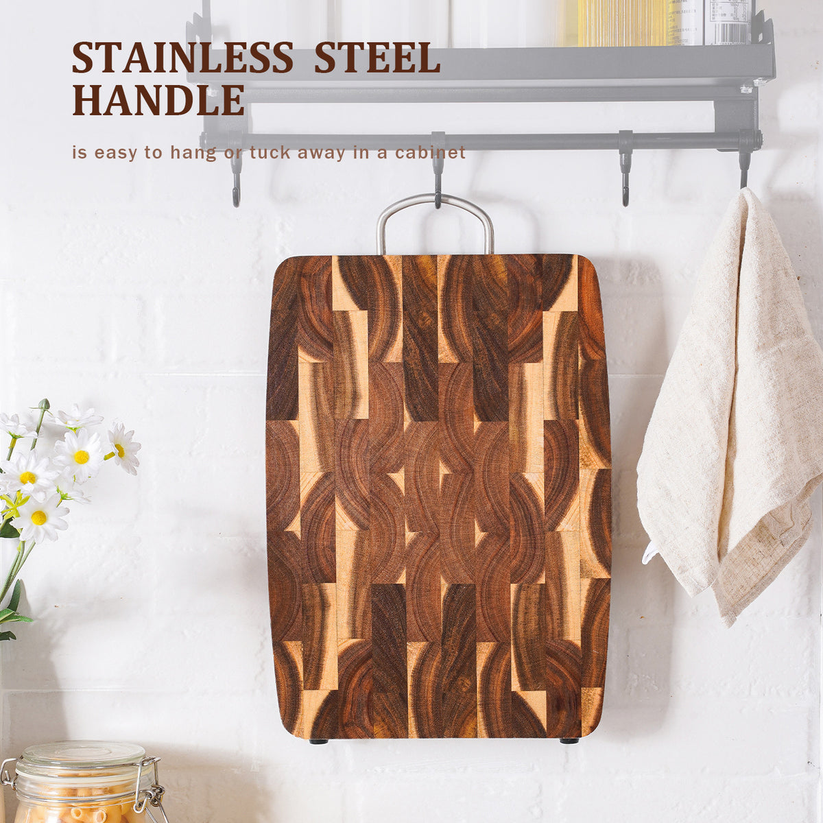 Solid wood geometric grid cutting board for kitchen use, featuring a durable eprolo wooden cutting board design.