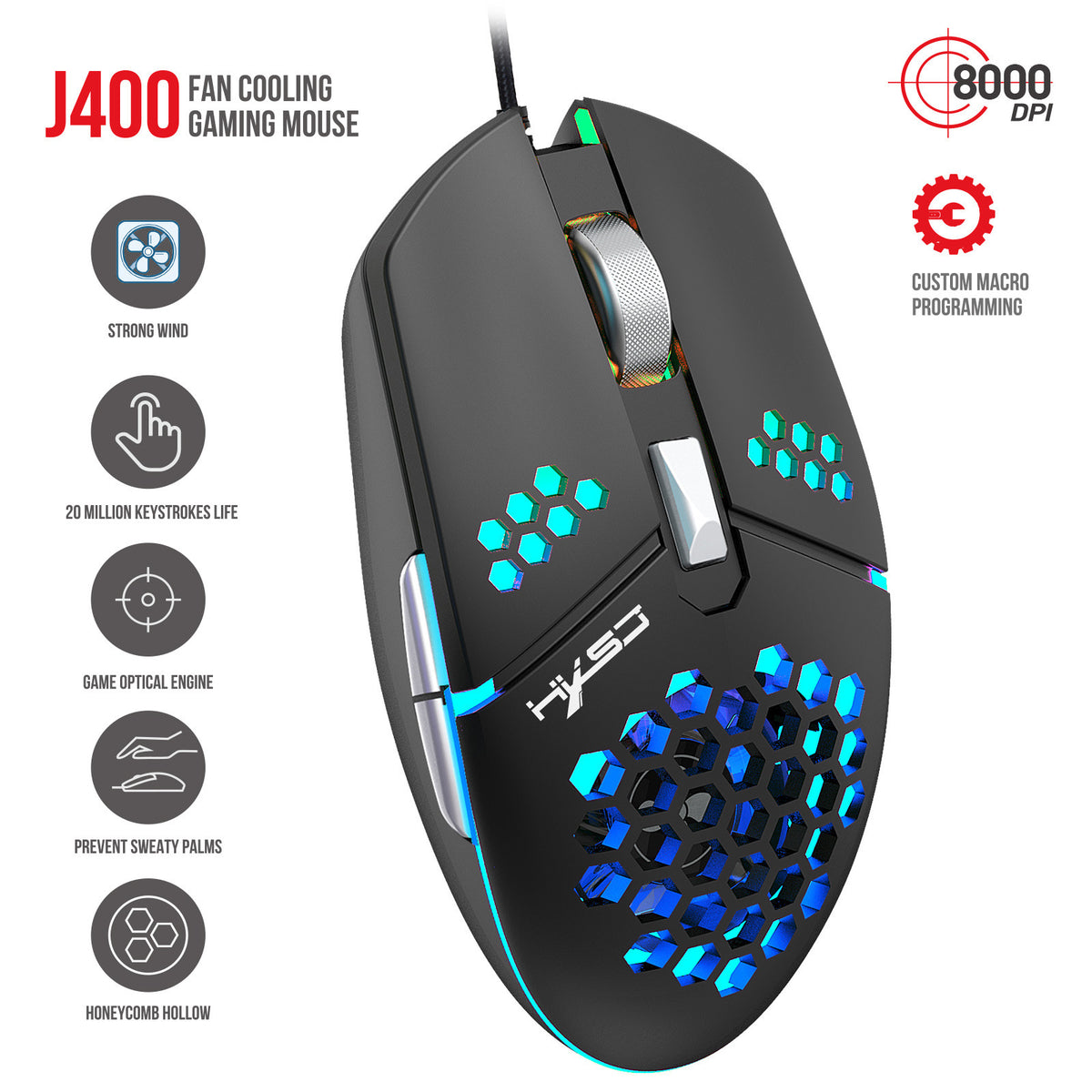 Eprolo J400 gaming mouse with wired connection, macro programming, 8000 DPI, adjustable sensitivity, and anti-sweat design.