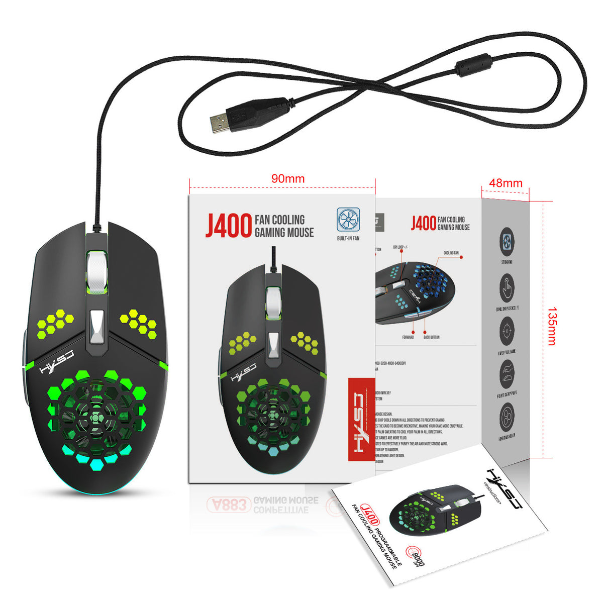 Eprolo J400 gaming mouse with macro programming, wired design, 8000 DPI, adjustable sensitivity, and anti-sweat surface.