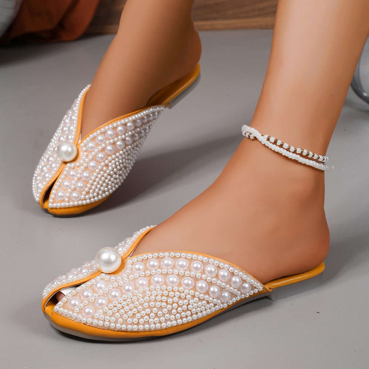Covered-toe Half Slippers Women Versatile Flat Heel Trendy Pearl Slippers for Outdoor Wear - American Smart