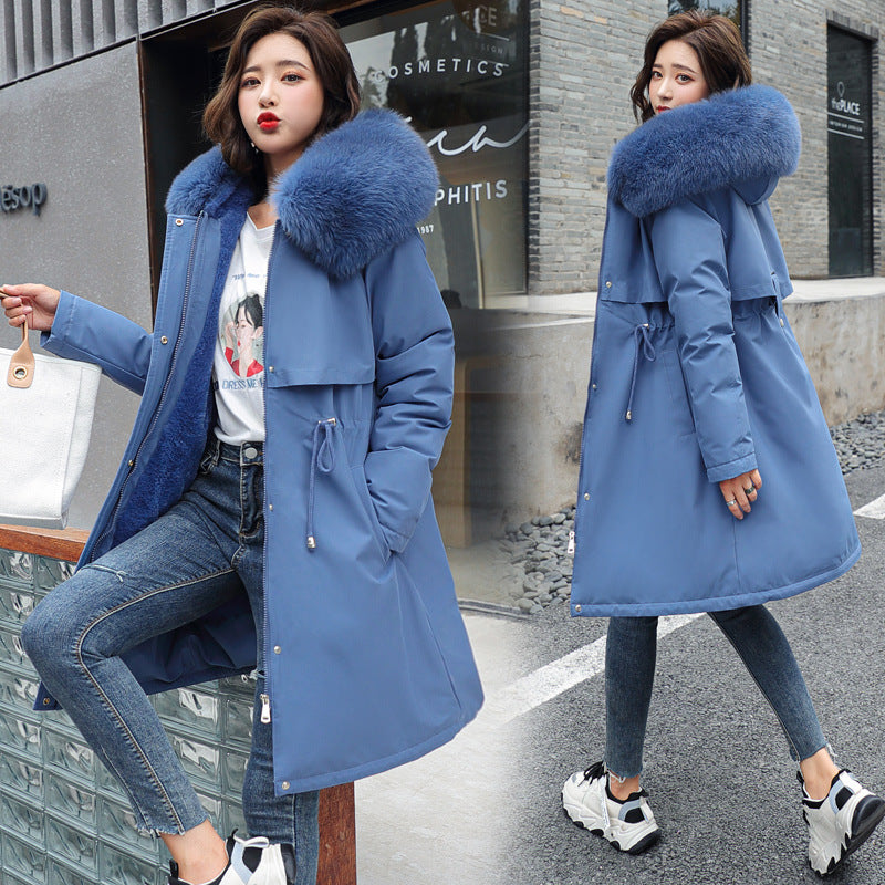 Eprolo women's fleece cotton jacket with large fur collar, long and medium length, stylish for winter fashion.