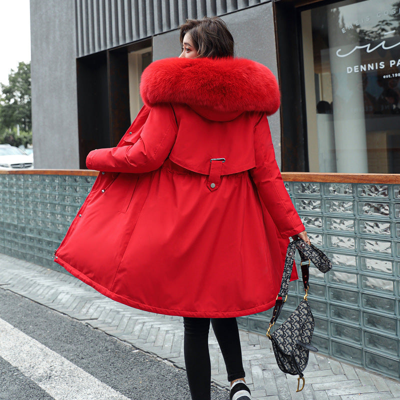 Eprolo Korean fleece cotton jacket for women with a long, medium fur collar, stylish and warm winter outerwear.