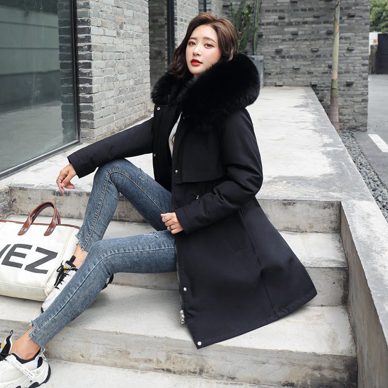Eprolo women's fleece jacket with a long fur collar, medium length, cotton material, stylish and warm for winter fashion.
