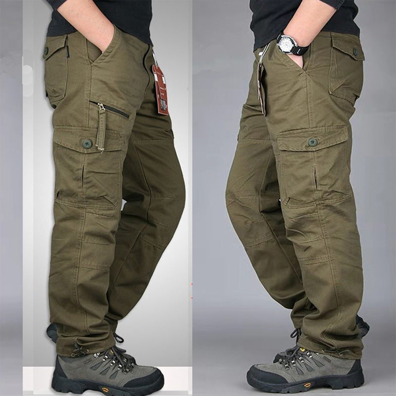Men's cotton cargo overalls by eprolo, straight-leg hiking trousers with multiple pockets and a baggy fit for camping.