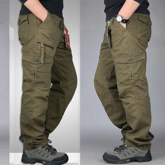 Men's cotton cargo overalls by eprolo, straight-leg hiking trousers with multiple pockets and a baggy fit for camping.