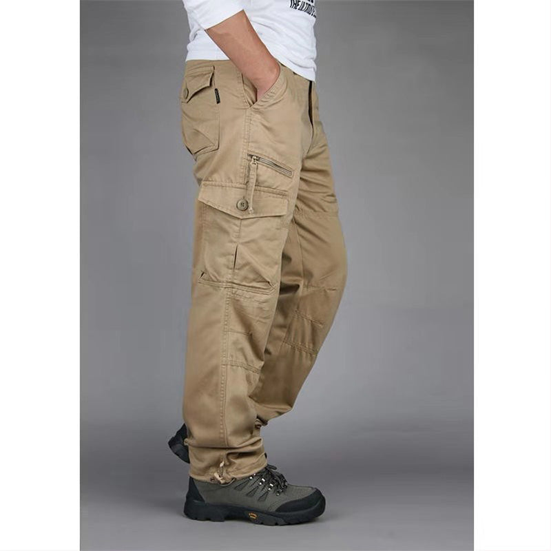 Men's cotton cargo overalls for camping and hiking, straight-leg design with multiple pockets and a baggy fit, by eprolo.