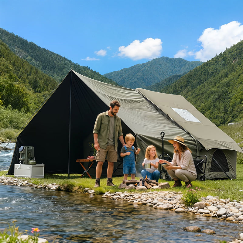 Large inflatable eprolo glamping tent with skylight and breathable mesh walls, ideal for summer camping and backpacking.