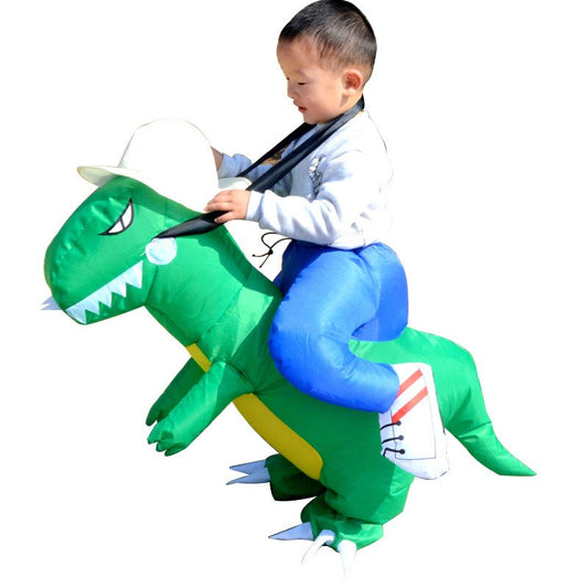 Kids and adult inflatable cartoon dinosaur rider costume by eprolo, featuring bright colors and playful dinosaur design for festivals and Halloween.