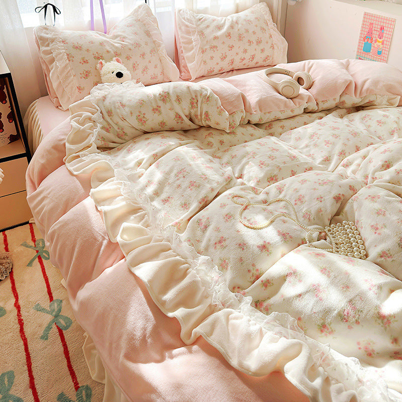 Princess style milk velvet bed four-piece set with thick double-sided velvet duvet cover and matching bed sheet by eprolo