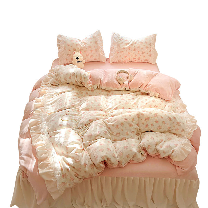 Eprolo princess-style milk velvet bed four-piece set with thick winter double-sided velvet duvet cover and matching bed sheets.
