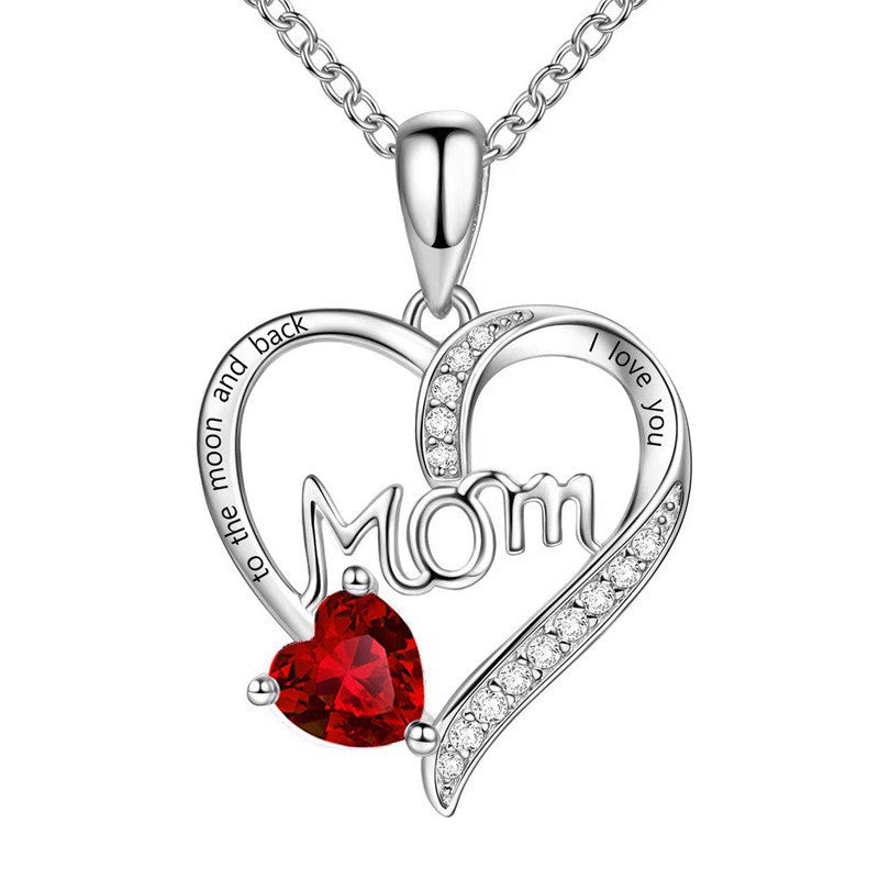 Heart-shaped engraved rhinestone necklace for mom with sparkling stones and delicate chain, showcasing elegant jewelry design.