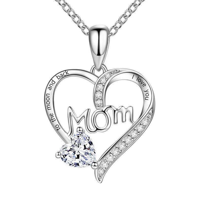 Heart-shaped engraved rhinestone necklace for mom by eprolo featuring sparkling rhinestones and a delicate chain.