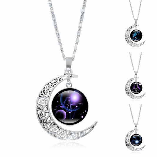 Eprolo Zodiac Time Gem luminous silver moon pendant necklace for women, simple choker with glowing celestial design