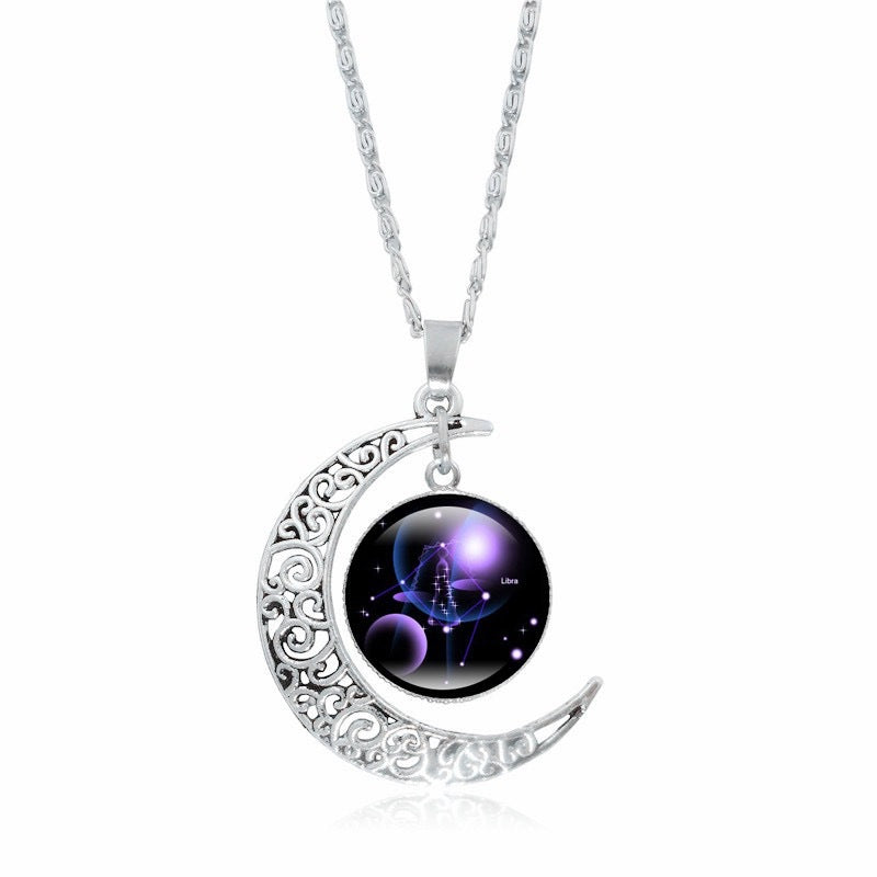 Silver moon pendant choker necklace for women featuring luminous zodiac time gem by eprolo, simple and elegant jewelry.