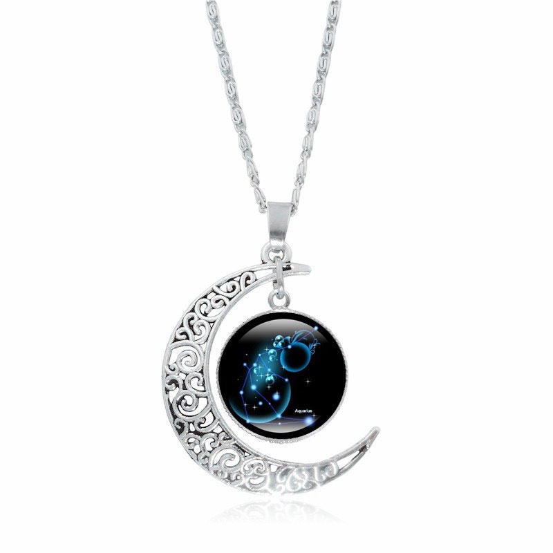 Silver moon pendant choker necklace for women featuring luminous zodiac time gem by eprolo, simple and elegant jewelry.