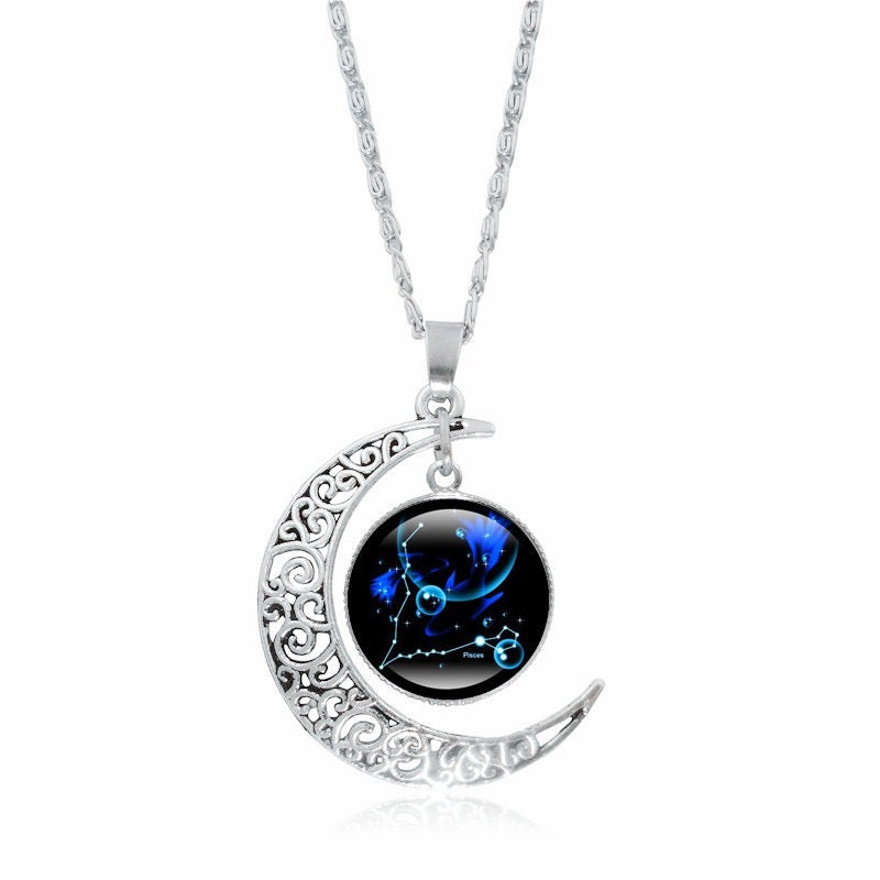 Silver Zodiac Time Gem luminous necklace for women with a simple moon pendant, choker style, by eprolo.