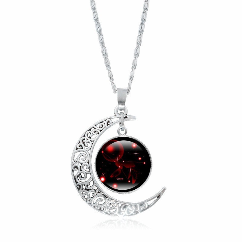 Silver zodiac time gem luminous necklace for women featuring a simple moon pendant choker with a glowing design.