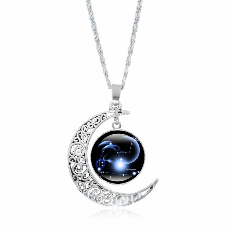 Silver moon pendant necklace for women featuring luminous Zodiac Time Gem, simple choker style with a sleek design.