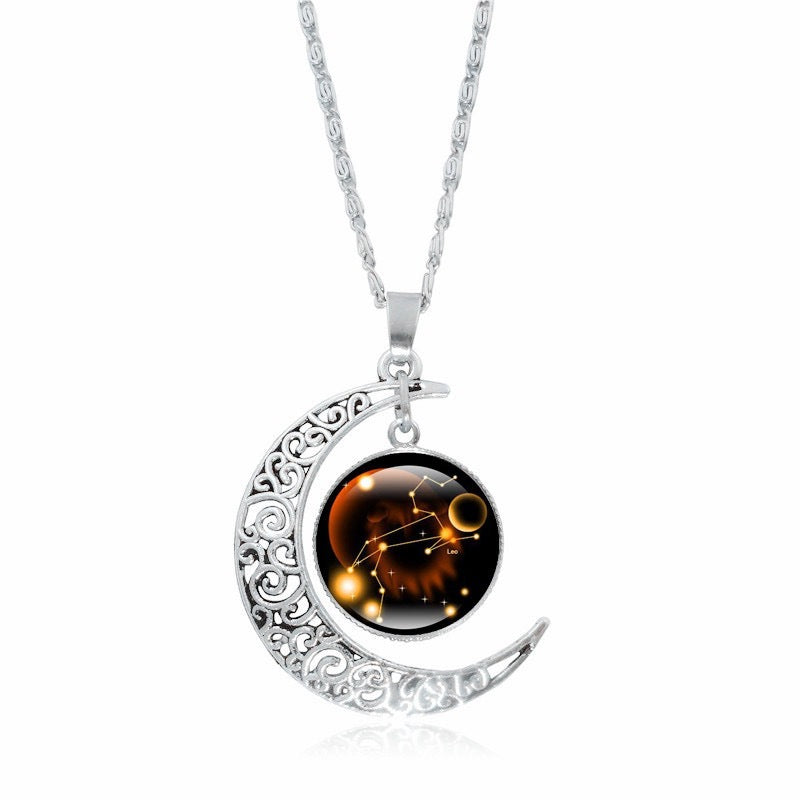Silver Zodiac Time Gem luminous moon pendant necklace for women, simple choker with a celestial design by eprolo