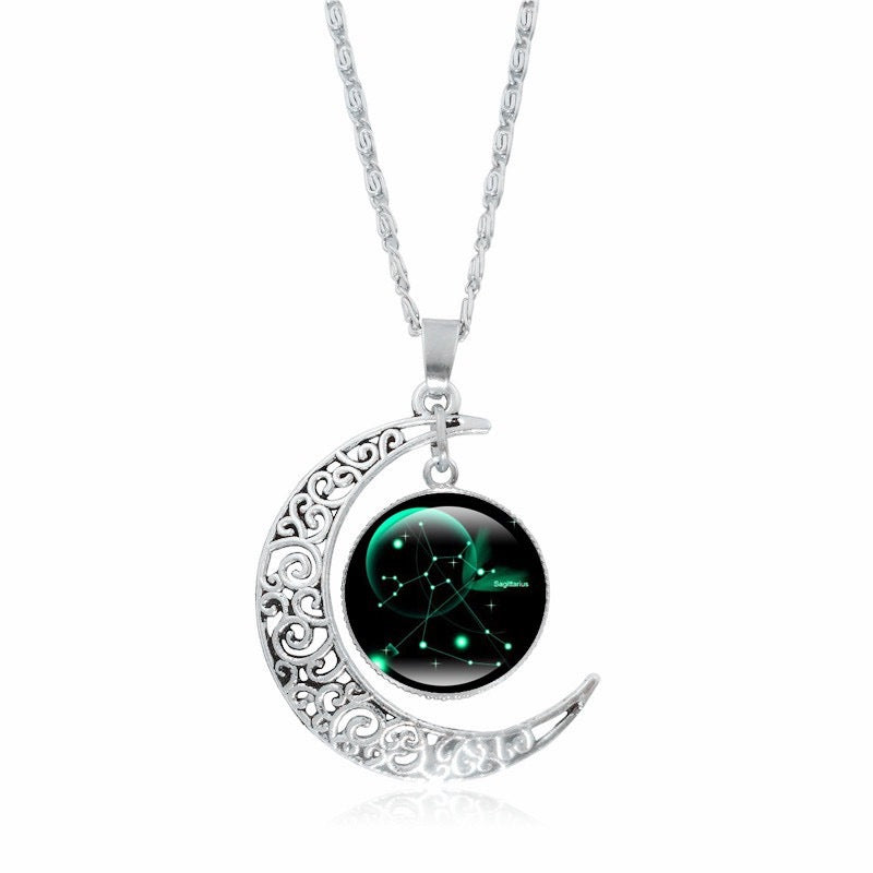 Luminous silver moon pendant necklace for women featuring a simple zodiac time gem design, styled as a choker.