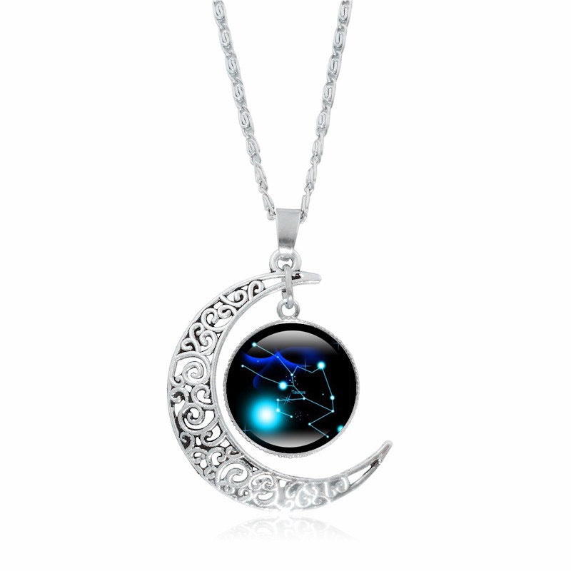 Silver zodiac time gem luminous necklace for women featuring a simple moon pendant choker with a luminous, celestial-inspired design.